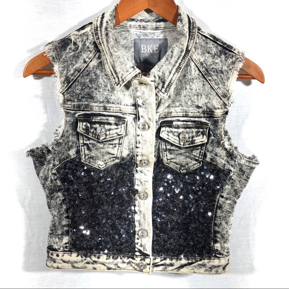 BKE Acid Wash Denim Vest with Black Sequin Panels